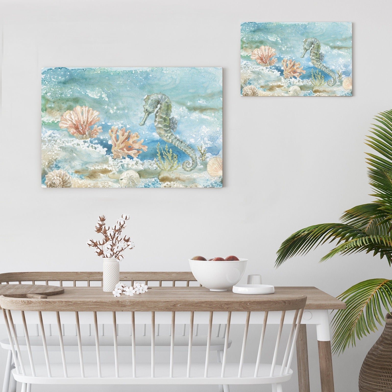 Under Sea Life II Seahorse Canvas Print, USA Made home decor. Watercolor painting with seahorse, coral reef and sea life.