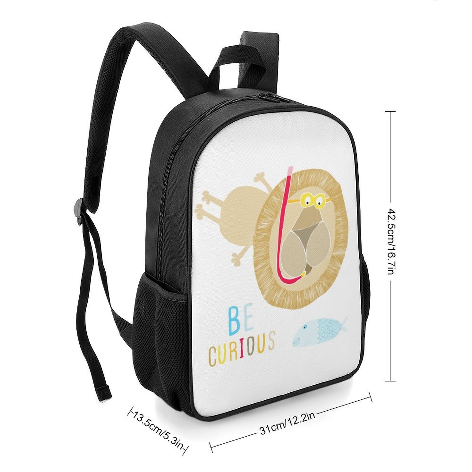 Kids' school backpack with lion graphic and 'Be Curious' text. Features side pockets, ideal for school, travel, and camping.