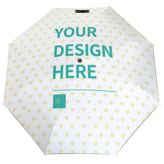 Custom 3 Fold Umbrella with 'Your Design Here' text and heart pattern, perfect gifts for men and women