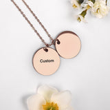 Rose gold personalized double disc charm necklace, titanium steel with "Custom" engraving, perfect for gifting.