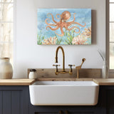 Under Sea Life IV Octopus and Coral Canvas Print watercolor art. Wall art decor in the kitchen.