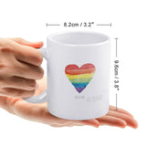 White ceramic mug with rainbow heart, 'Love is Love' text, perfect personalized gift, and dimensions shown.