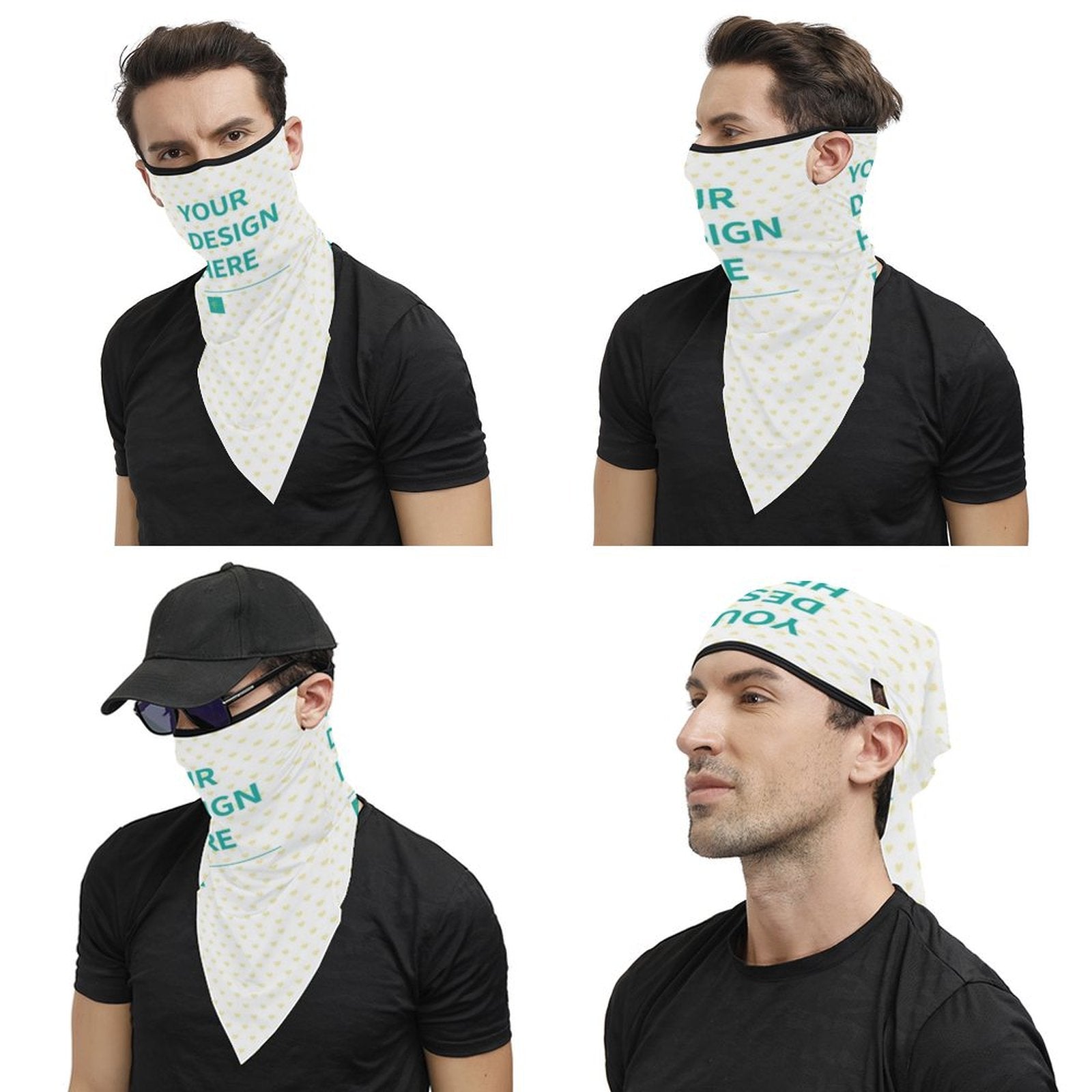 Custom neck gaiter with ear loops, personalized with 'YOUR DESIGN HERE', versatile face covering for men and women