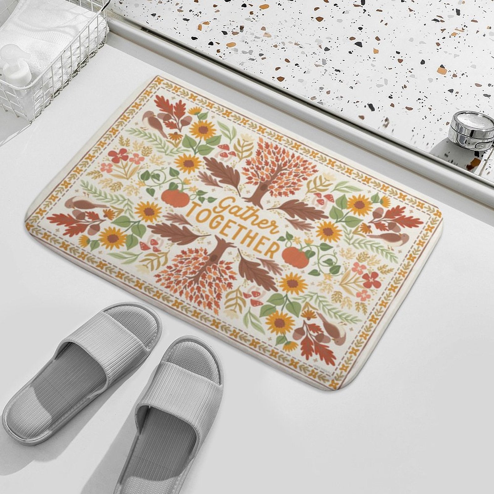 Non-slip coral velvet bath rug with 'Gather Together' design and autumn floral pattern.