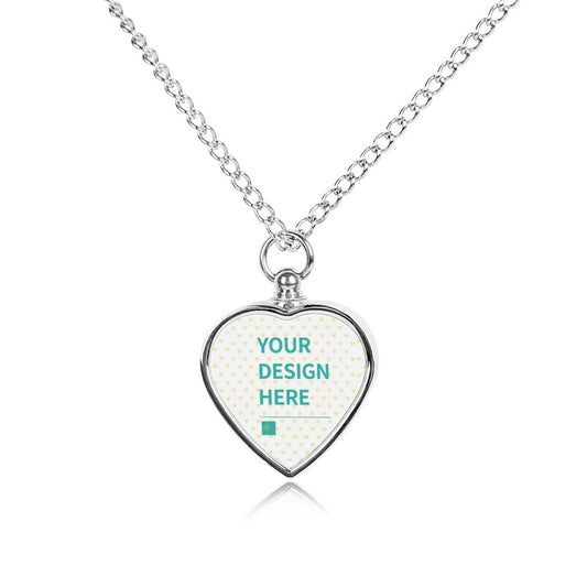 Customizable Alloy heart pendant necklace with "YOUR DESIGN HERE" text for pet's photo or ashes.