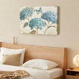 Blue hydrangea botanical canvas print wall art. Butterfly design, floral artwork for home decor. Includes 'Botanical Garden'.