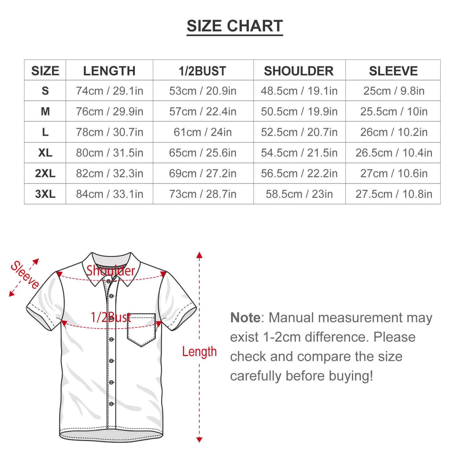 Size chart for custom men's short sleeve button down shirt sets, with measurements for length, bust, shoulder, and sleeve.