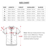 Size chart for custom men's short sleeve button down shirt sets, with measurements for length, bust, shoulder, and sleeve.