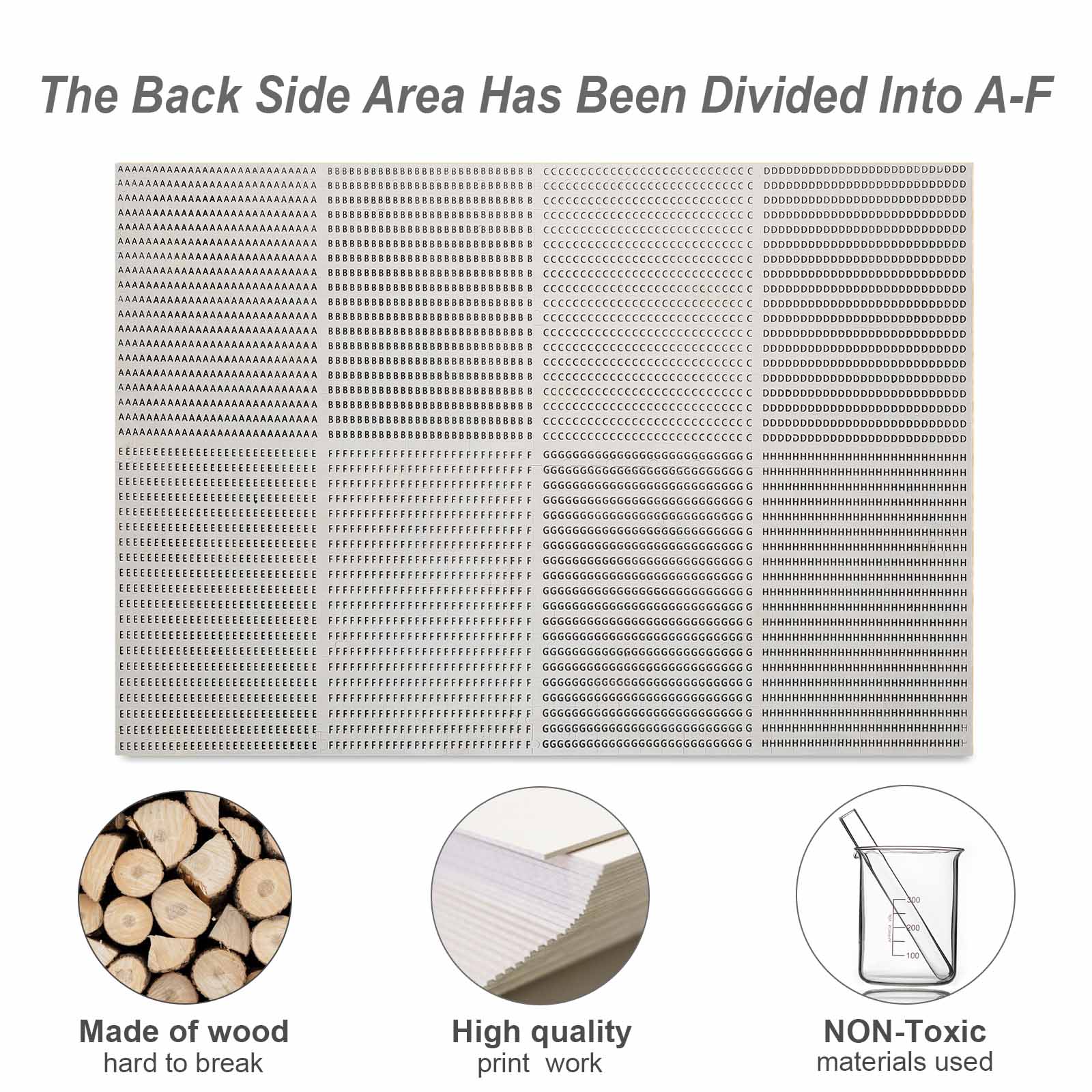 Wooden puzzle back with A-F grid, made of wood, high-quality print, non-toxic materials. Ideal for family game nights.
