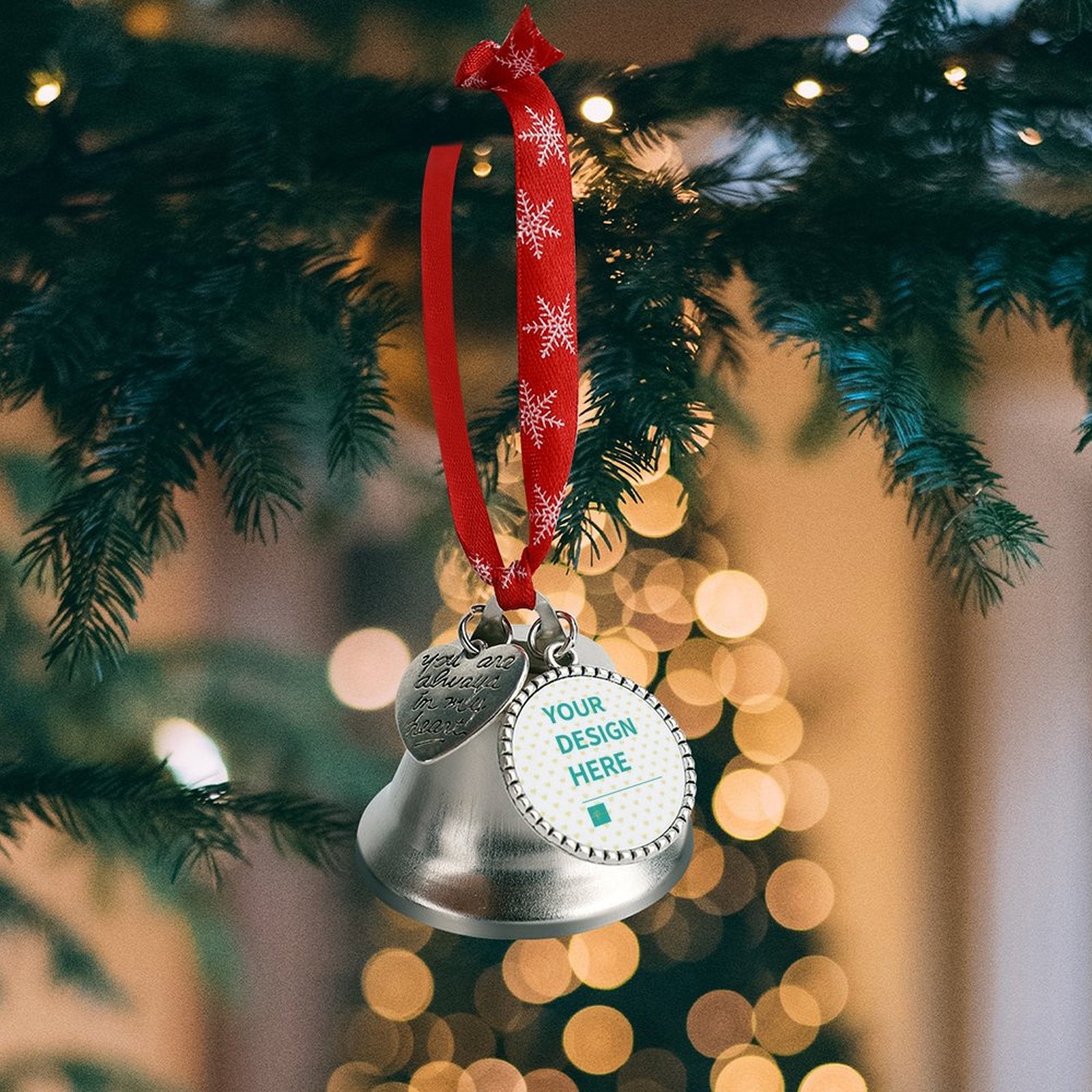 Personalized Christmas jingle bell with custom design, red ribbon and heart charm, Christmas tree decoration