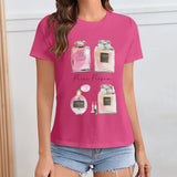 Women's pink short sleeve crewneck t-shirt with Paris Perfum graphic print, MyArtsyGift apparel