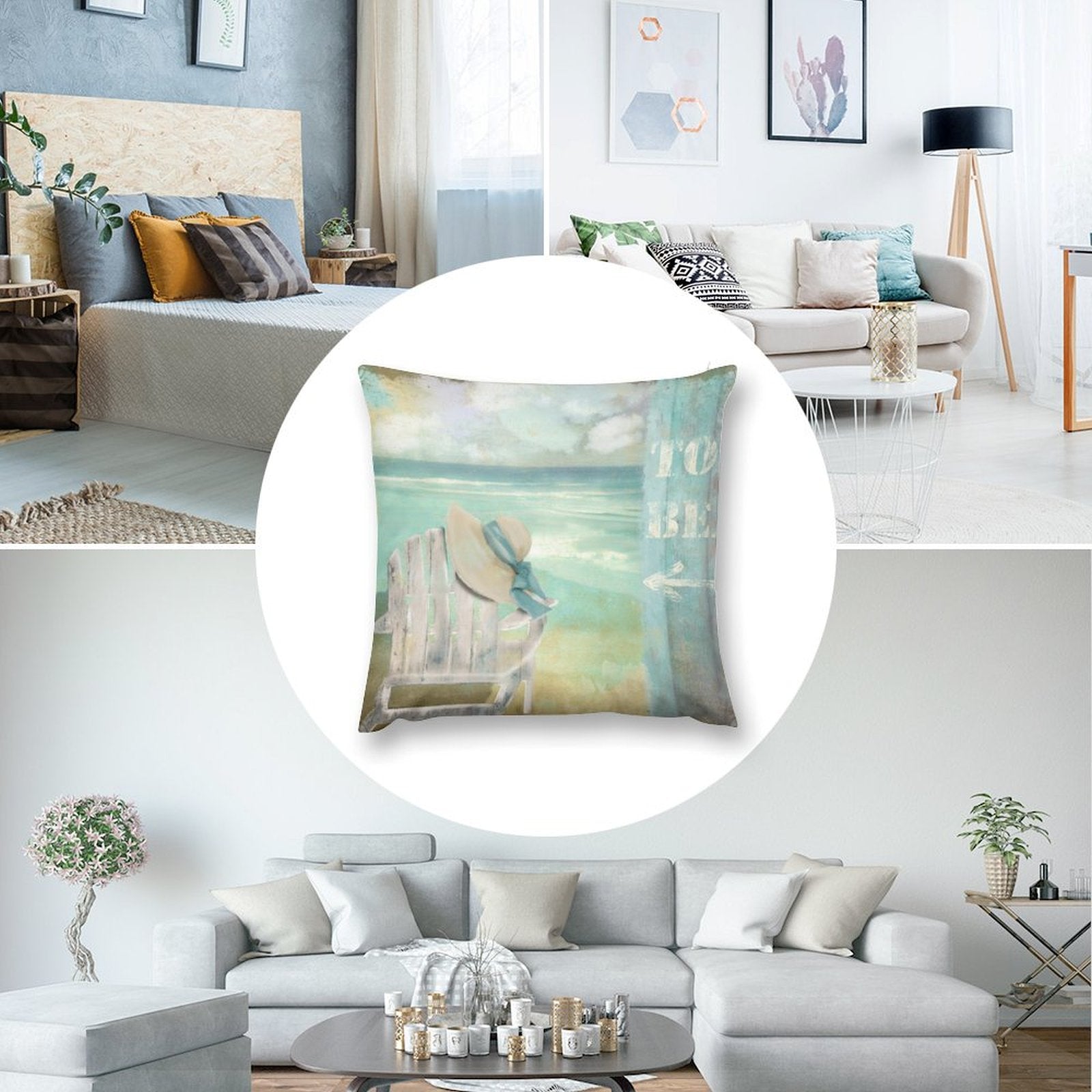 Plush pillow cover with beach scene, soft plush, for sofa and living room, text TO BE