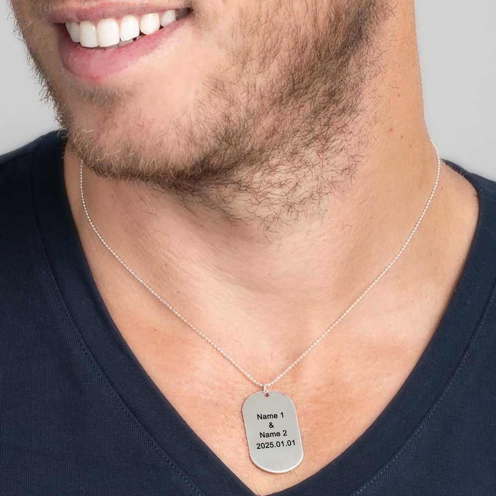 Custom Engraved Silver Dog Tag Necklace for Men. Personalized with Names and Date.