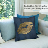 Navy blue plush pillow cover with gold lip print, for sofa, couch, or living room decor