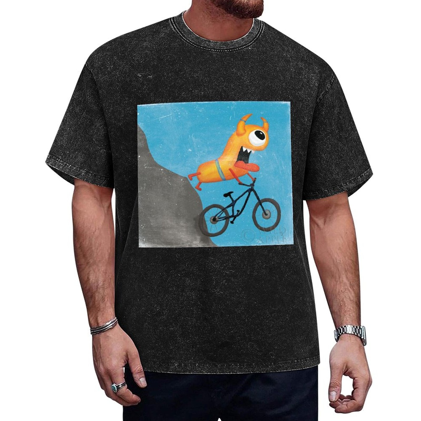 MyArtsyGift Cotton T-Shirt for Men featuring Monster Bicycle design, black color, short sleeve, made in USA
