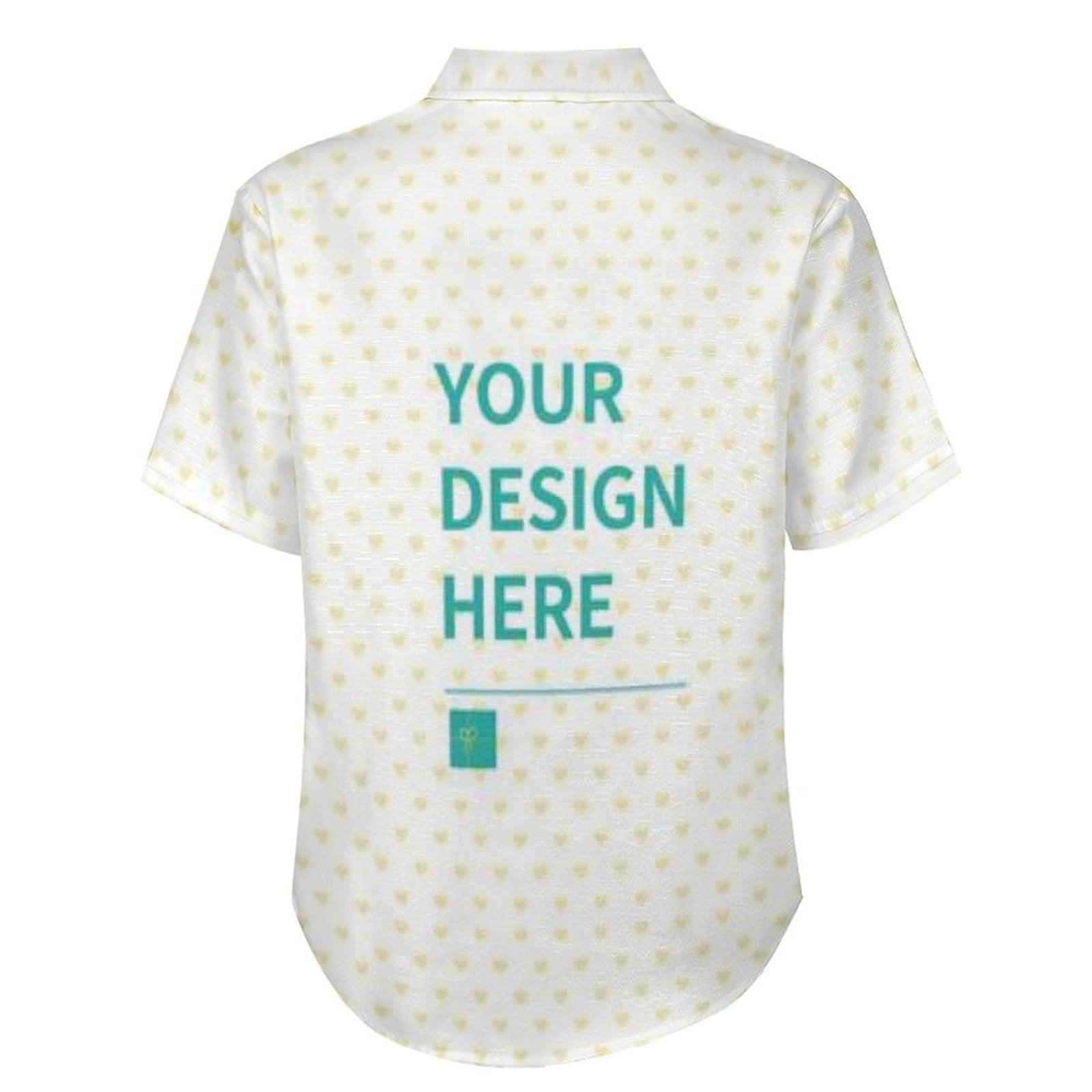 Customizable short sleeve button down shirt with heart pattern and "YOUR DESIGN HERE" text for men