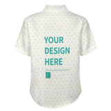 Customizable short sleeve button down shirt with heart pattern and "YOUR DESIGN HERE" text for men