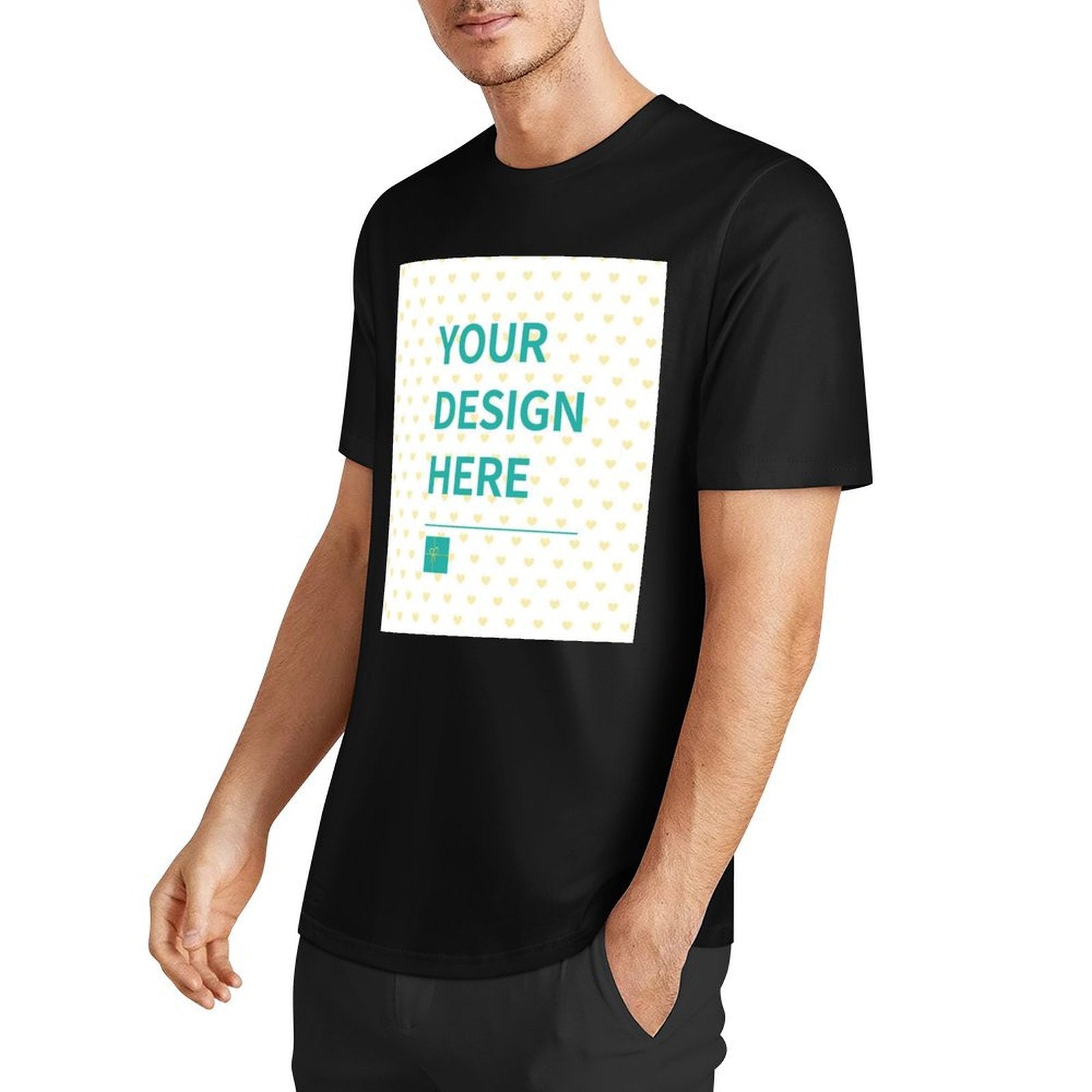 Custom black cotton t-shirt with "YOUR DESIGN HERE" graphic for men & women, 100% cotton.