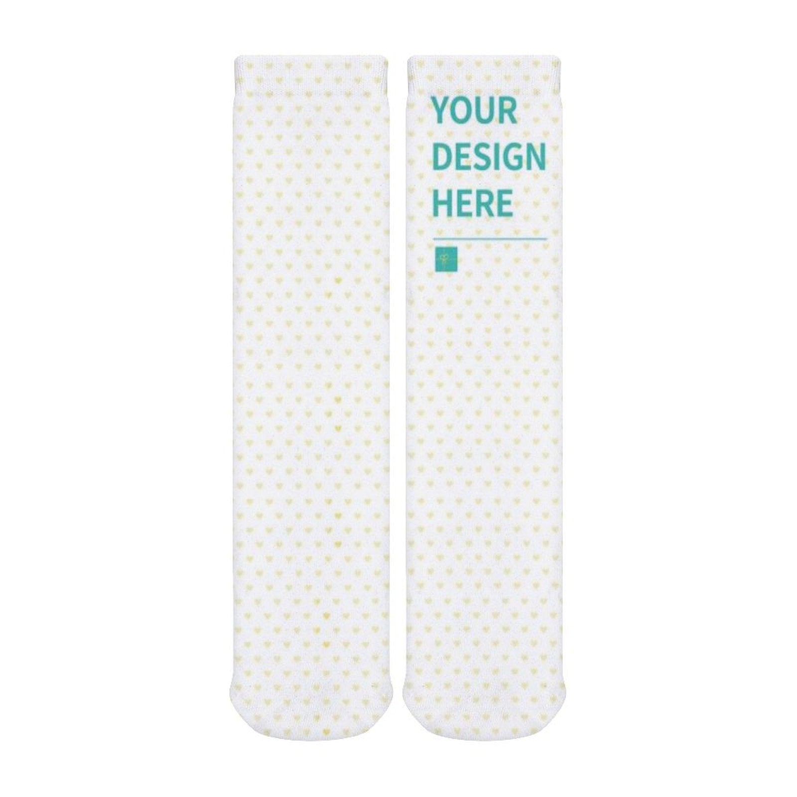 Customizable white winter socks with heart pattern and 'YOUR DESIGN HERE' print, perfect for a unique winter gift.