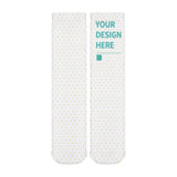 Customizable white winter socks with heart pattern and 'YOUR DESIGN HERE' print, perfect for a unique winter gift.