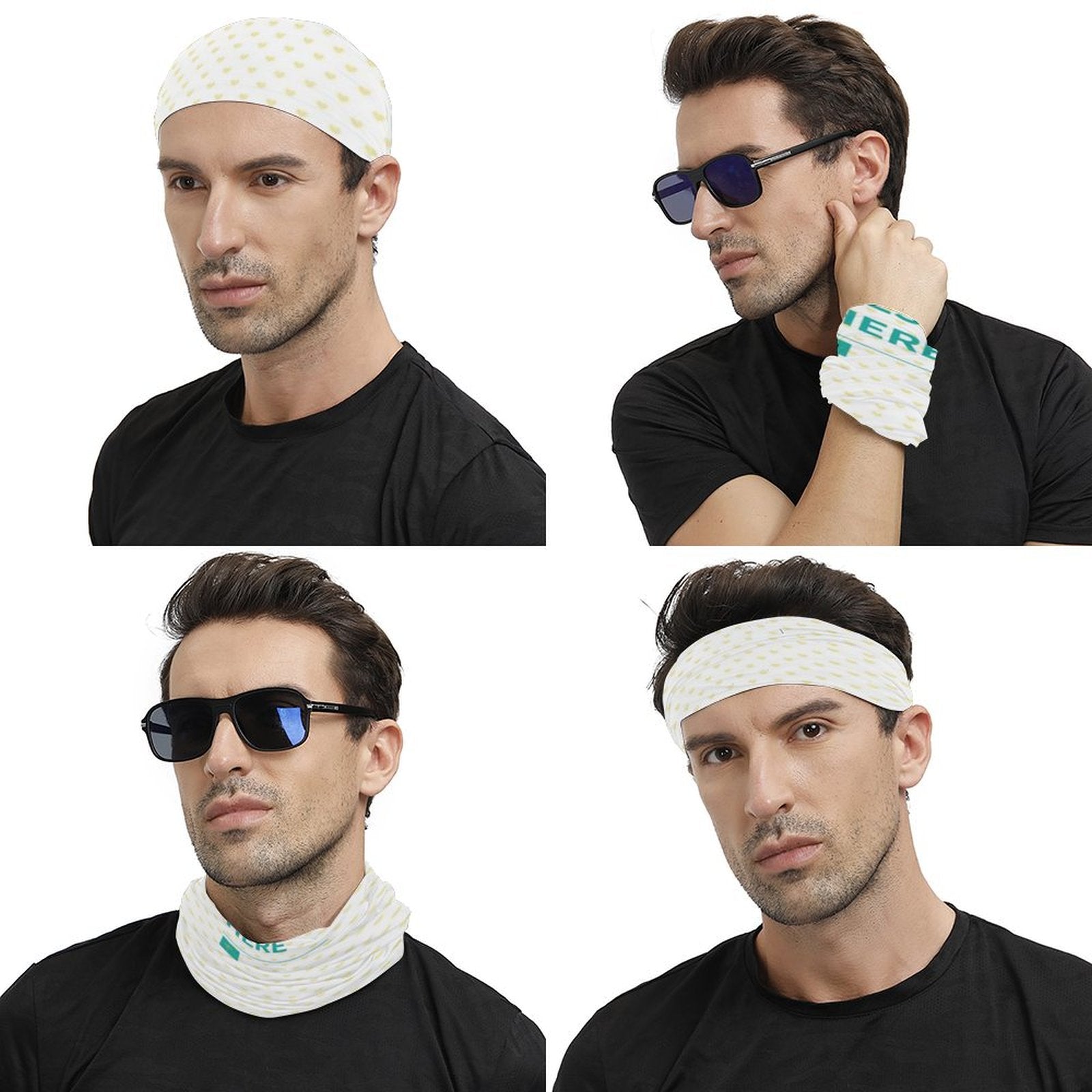 Custom Bandana Face Cover showing versatile uses, heart pattern design, neck gaiter, headband, and wristband for men