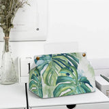 PU tissue box cover with monstera leaf print, stylish facial tissue holder for office.