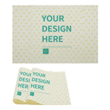 Custom linen placemat with 'YOUR DESIGN HERE' text, personalized dining table decor.