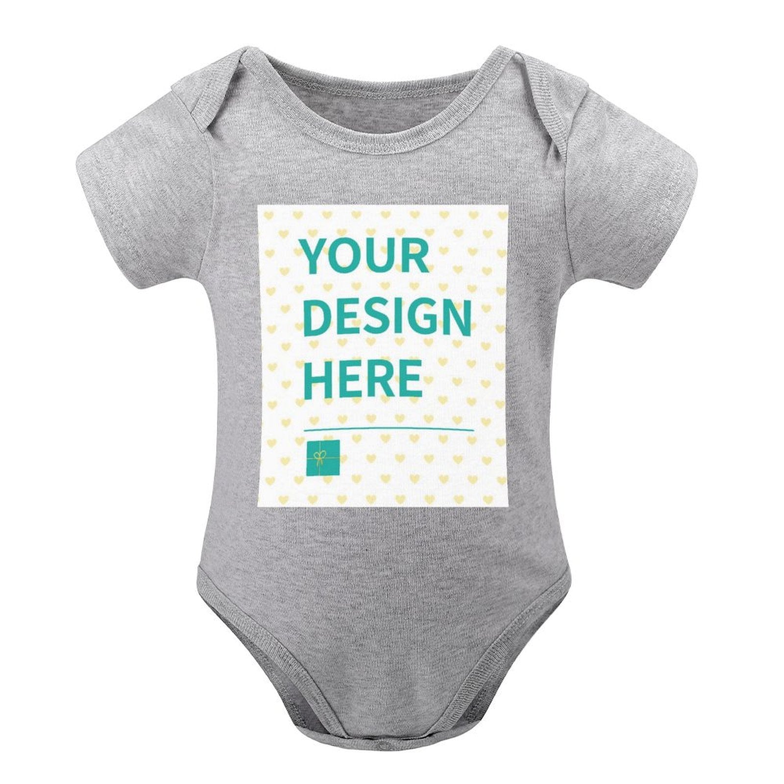 Customizable gray cotton baby bodysuit with 'YOUR DESIGN HERE' print, soft unisex design for boys & girls