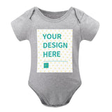 Customizable gray cotton baby bodysuit with 'YOUR DESIGN HERE' print, soft unisex design for boys & girls