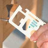 Personalized credit card multitool for men, featuring custom design area and bottle opener function, made of stainless steel