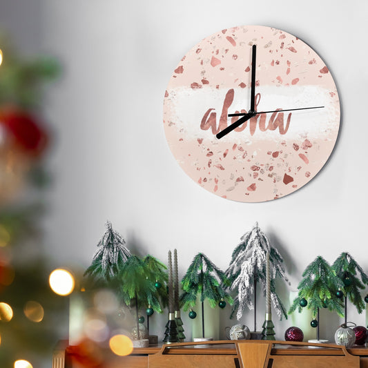 Pink terrazzo MDF wall clock with Aloha text. Modern decor for living room, kitchen, or office
