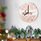 Pink terrazzo MDF wall clock with Aloha text. Modern decor for living room, kitchen, or office