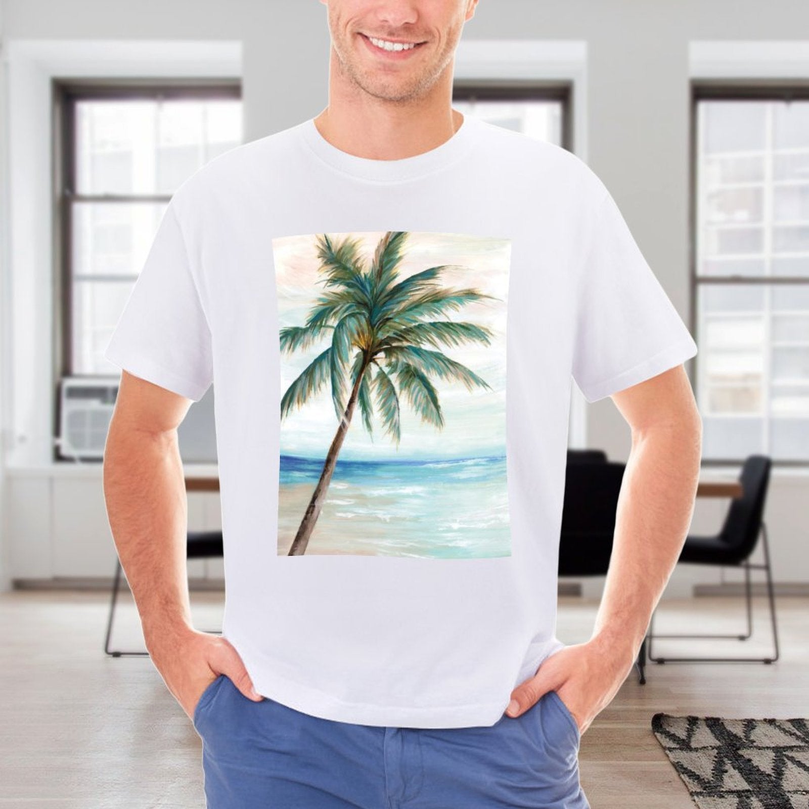 White men's t-shirt with a palm tree graphic print, perfect for casual wear.