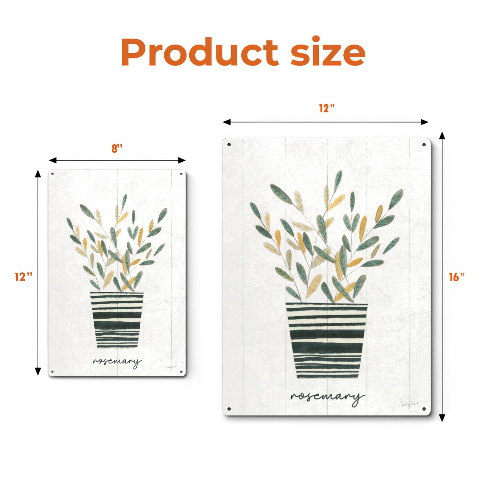 Rosemary plant metal sign, product size comparison, iron wall art for home decor, Boho style, Made in USA.