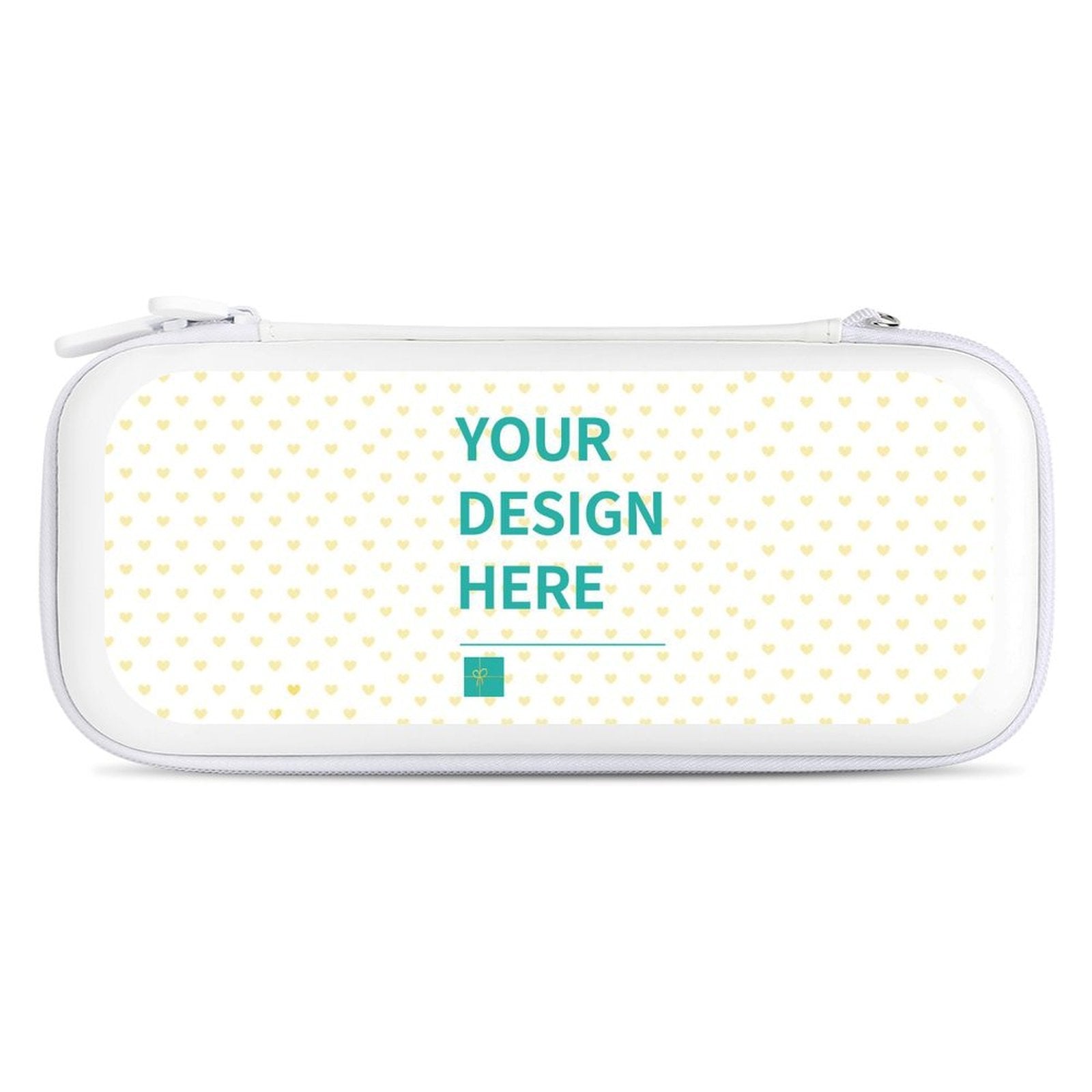 Customizable Nintendo Switch carrying case with 'YOUR DESIGN HERE' text, white EVA material, perfect for travel.