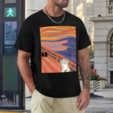 Men's black crew neck t-shirt with a cat-themed 'The Scream' art print, classic tee
