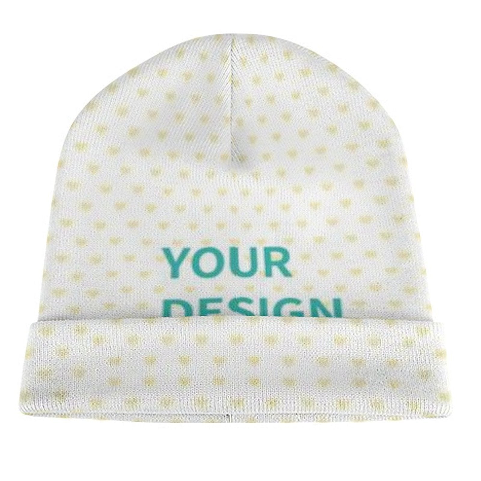 Custom white beanie with 'YOUR DESIGN' text, personalized knitted hat gift, perfect for men and women.