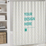 Customizable bathroom shower curtain with 'YOUR DESIGN HERE' design, waterproof material for decor.