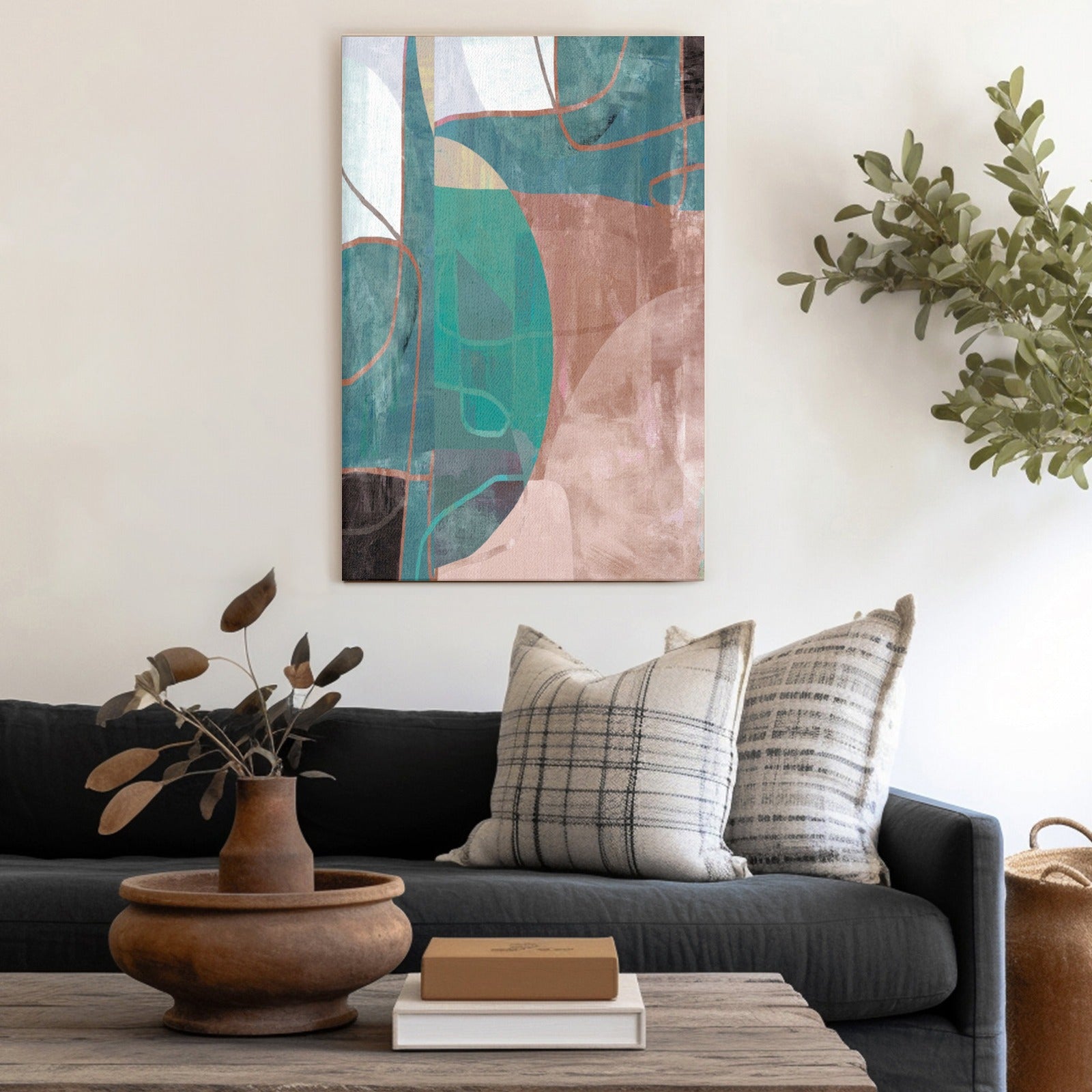Blue abstract wall art canvas for living room decor with teal and brown colors. Modern minimalist geometric painting
