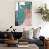 Blue abstract wall art canvas for living room decor with teal and brown colors. Modern minimalist geometric painting
