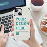 Custom iPhone 13 series phone case with heart pattern design and "YOUR DESIGN HERE" text. Fiber skin cover.