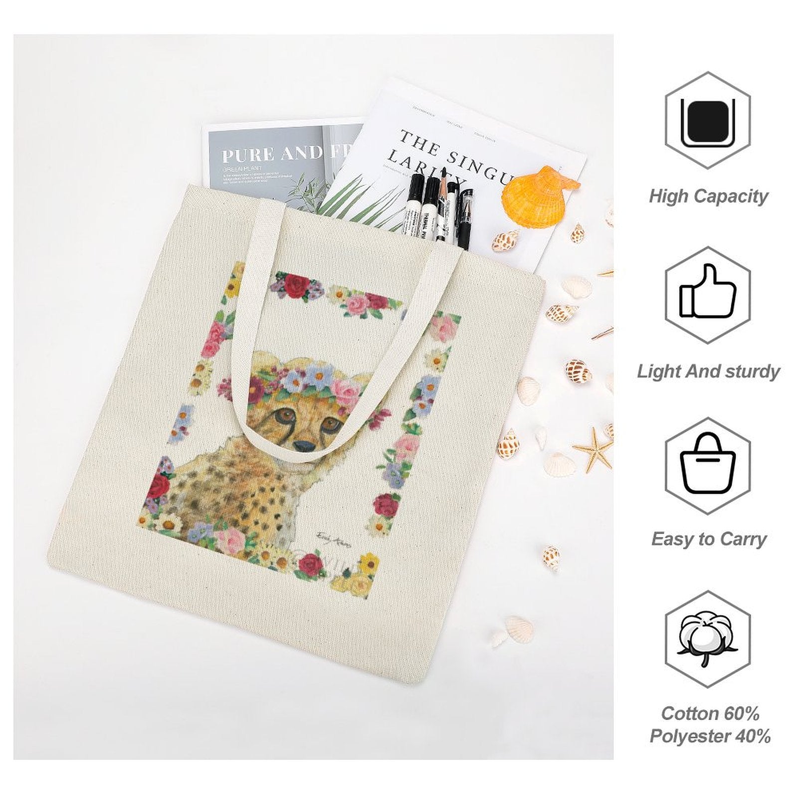 MyArtsyGift canvas tote bag: cheetah and flower design. Cotton/poly blend, reusable shopping bag for women.
