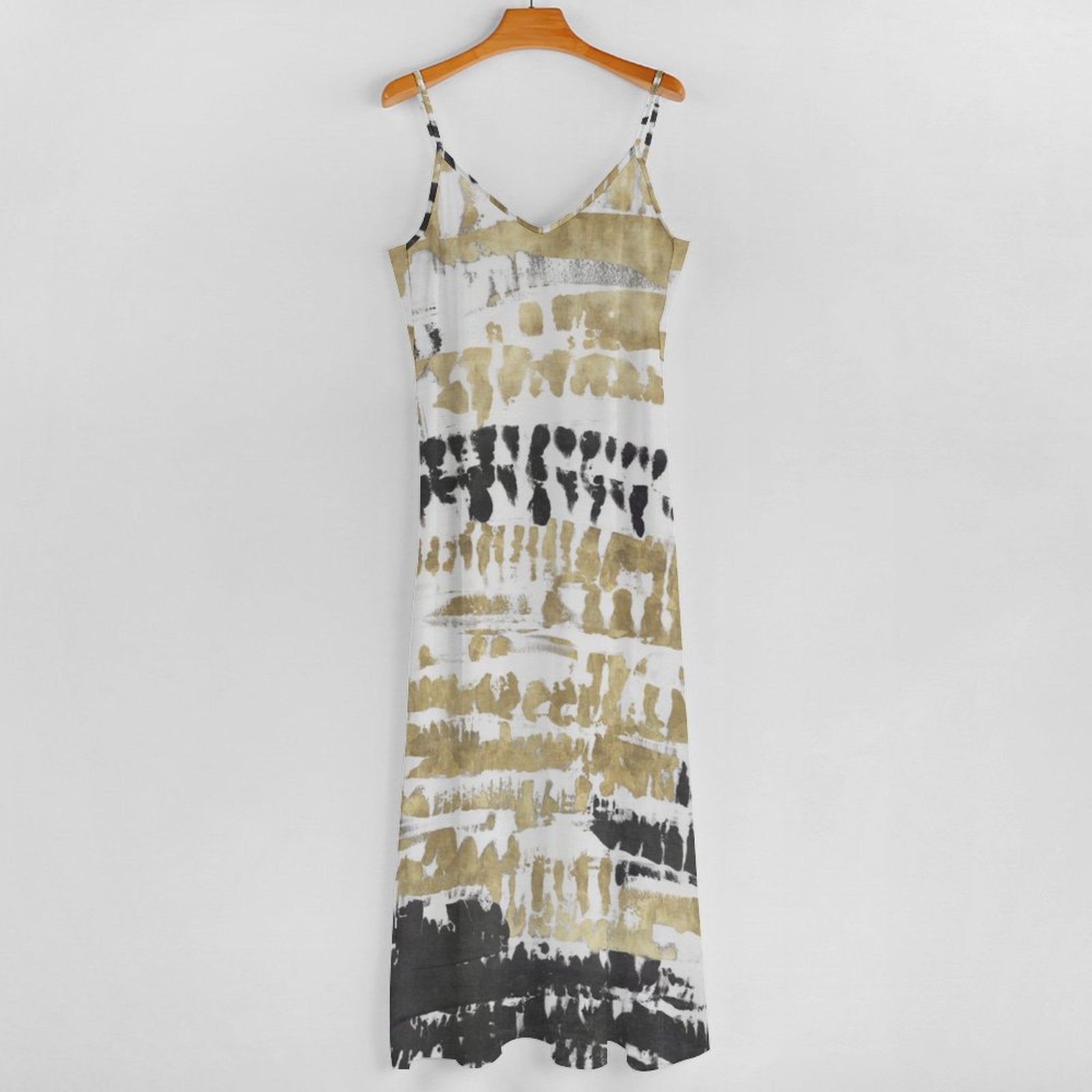 Women's backless polyester slip dress with tie-dye in white, gold, and black. MyArtsyGift long summer dress.