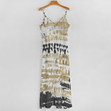 Women's backless polyester slip dress with tie-dye in white, gold, and black. MyArtsyGift long summer dress.