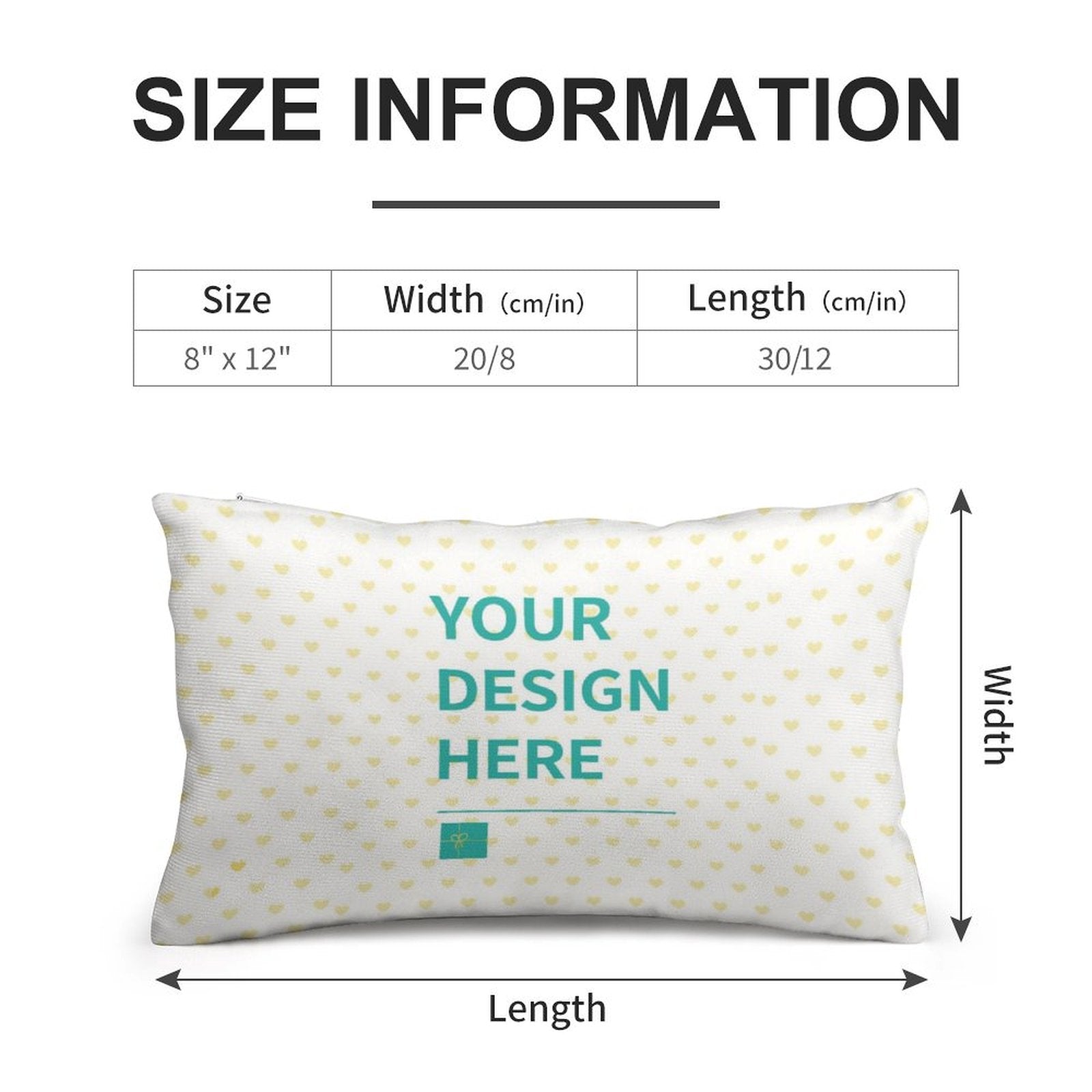 Customizable throw pillow cover with 'YOUR DESIGN HERE' text, plush fabric, and a heart pattern for sofa or bed.