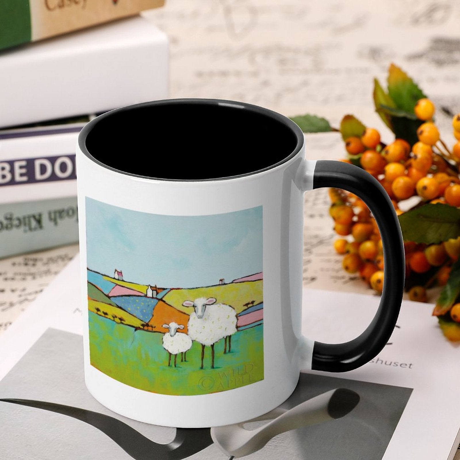 White ceramic mug with sheep art, black interior and handle, perfect gift from MyArtsyGift