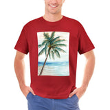 Men's red cotton crew neck graphic t-shirt with palm tree art print, perfect for casual wear.