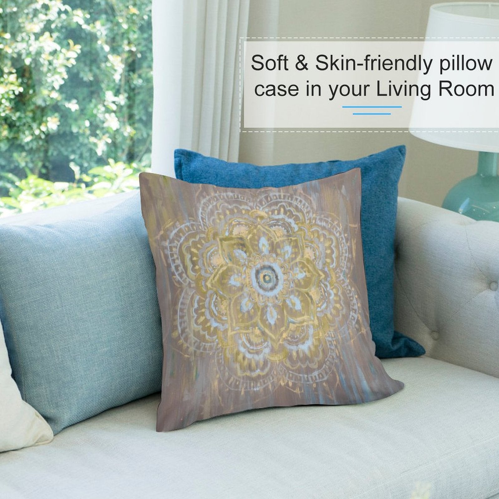 Soft plush pillow cover in living room. Features gold mandala design, skin-friendly material for sofa decor.