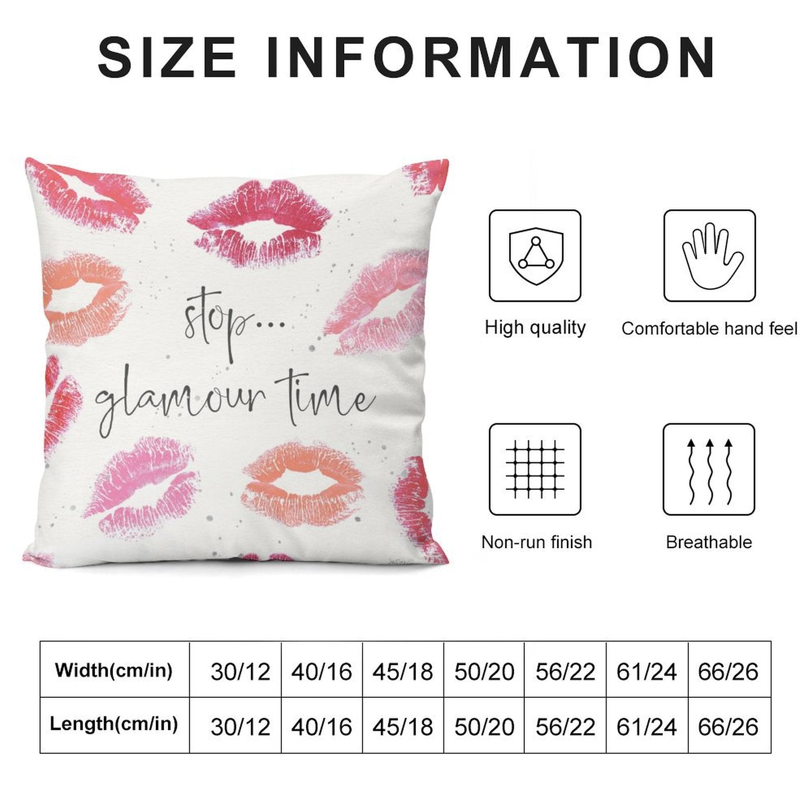 Plush pillow cover with lipstick kiss print, 'stop glamour time' text, high quality, breathable.