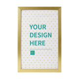 Custom canvas print with 'YOUR DESIGN HERE' text in a gold frame, personalized wall art gift.